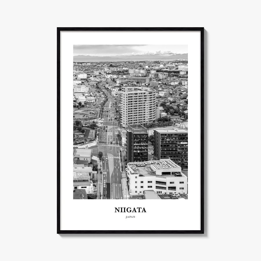 Niigata black & white classic poster of Japan – vertical wall art, unframed print shown in interior mockup