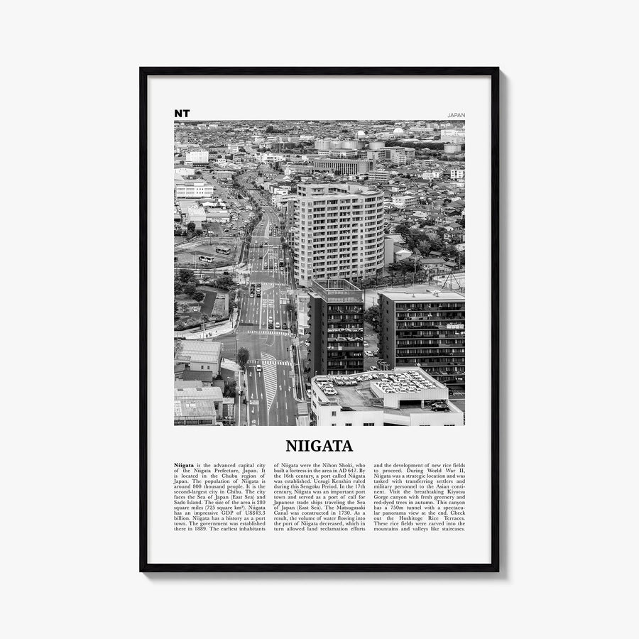 Niigata black & white newspaper poster of Japan – vertical wall art, unframed print shown in interior mockup