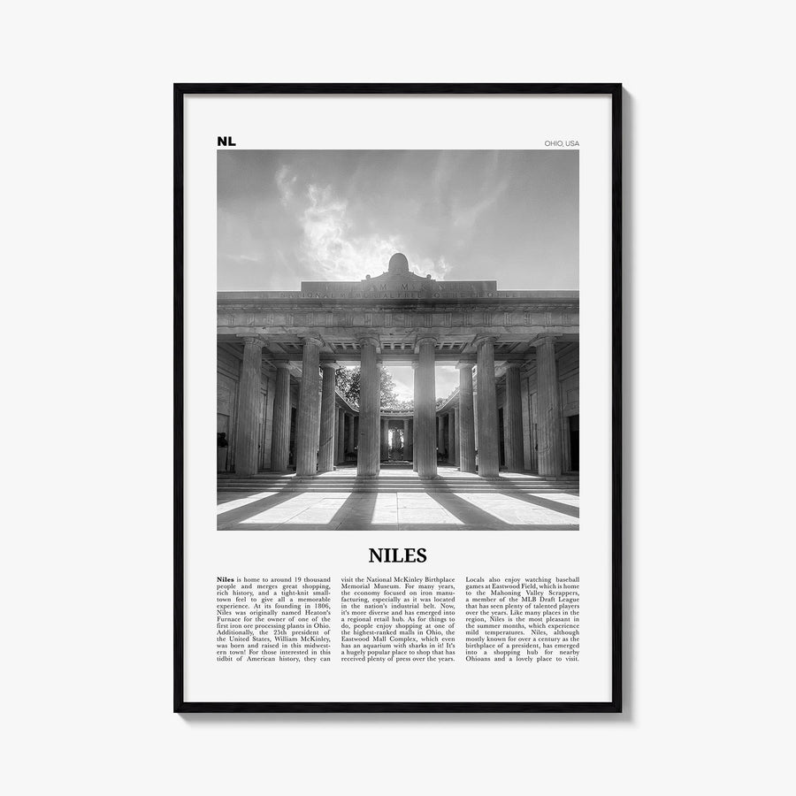 Niles black & white newspaper poster of Illinois, USA – vertical wall art, unframed print shown in interior mockup