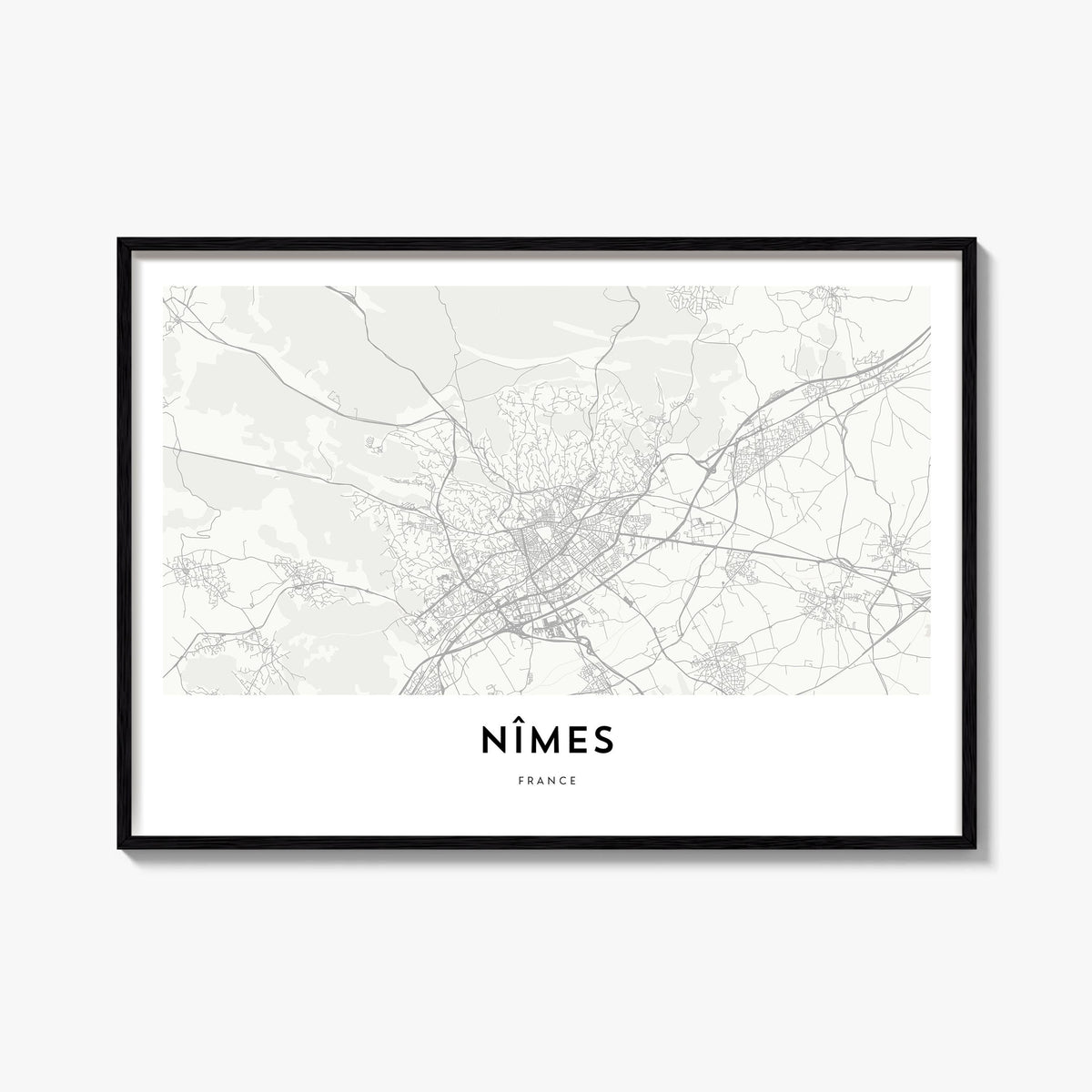 Nîmes black & white map poster of France – horizontal wall art, unframed print shown in interior mockup
