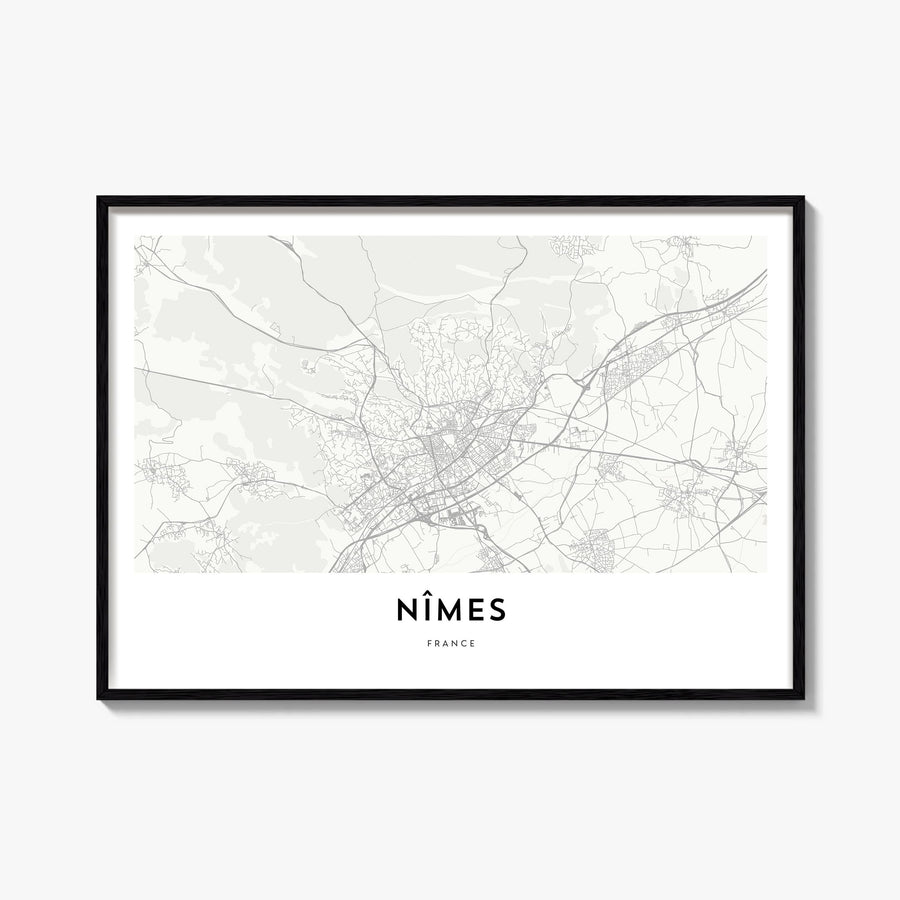 Nîmes black & white map poster of France – horizontal wall art, unframed print shown in interior mockup