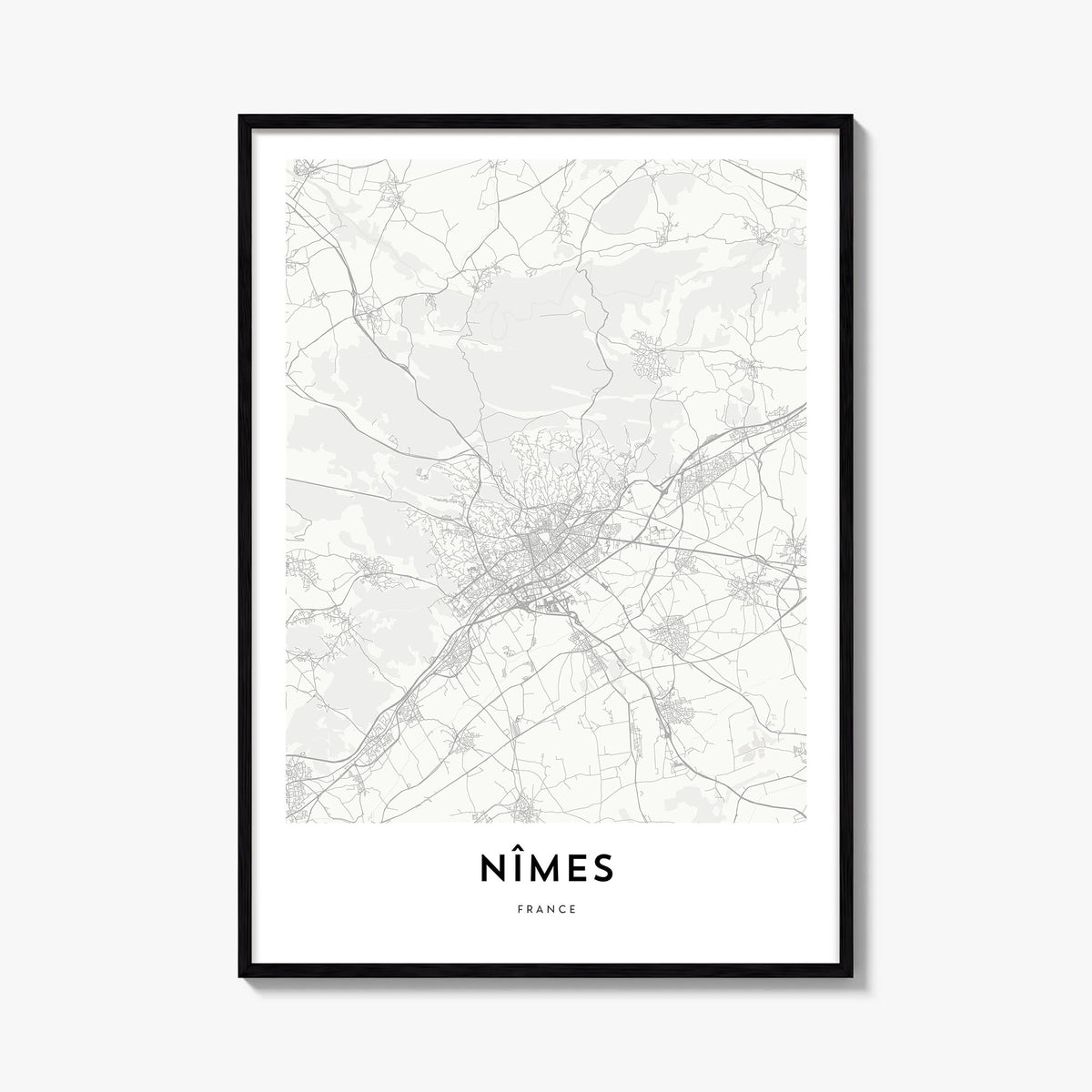 Nîmes black & white map poster of France – vertical wall art, unframed print shown in interior mockup