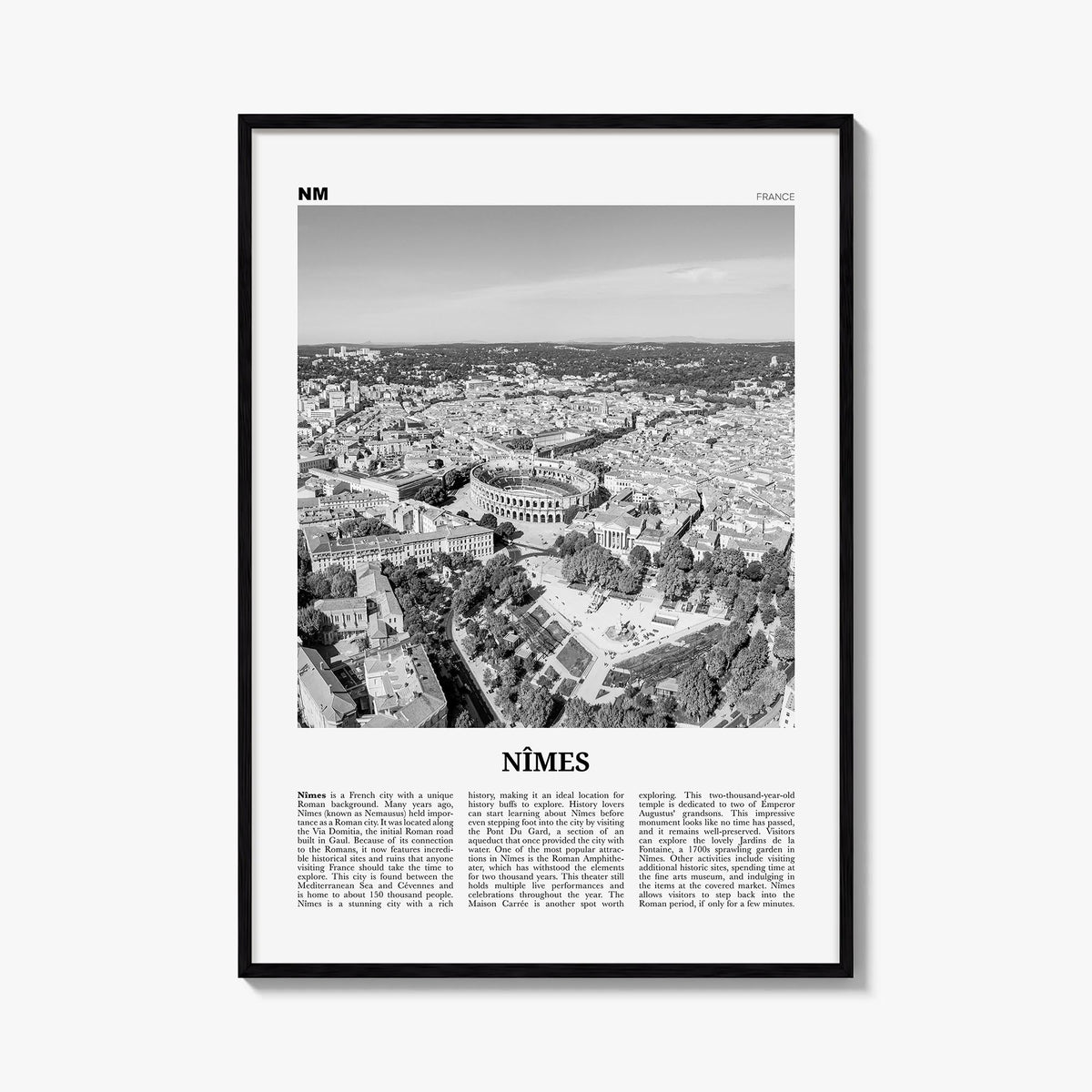 Nîmes black & white newspaper poster of France – vertical wall art, unframed print shown in interior mockup