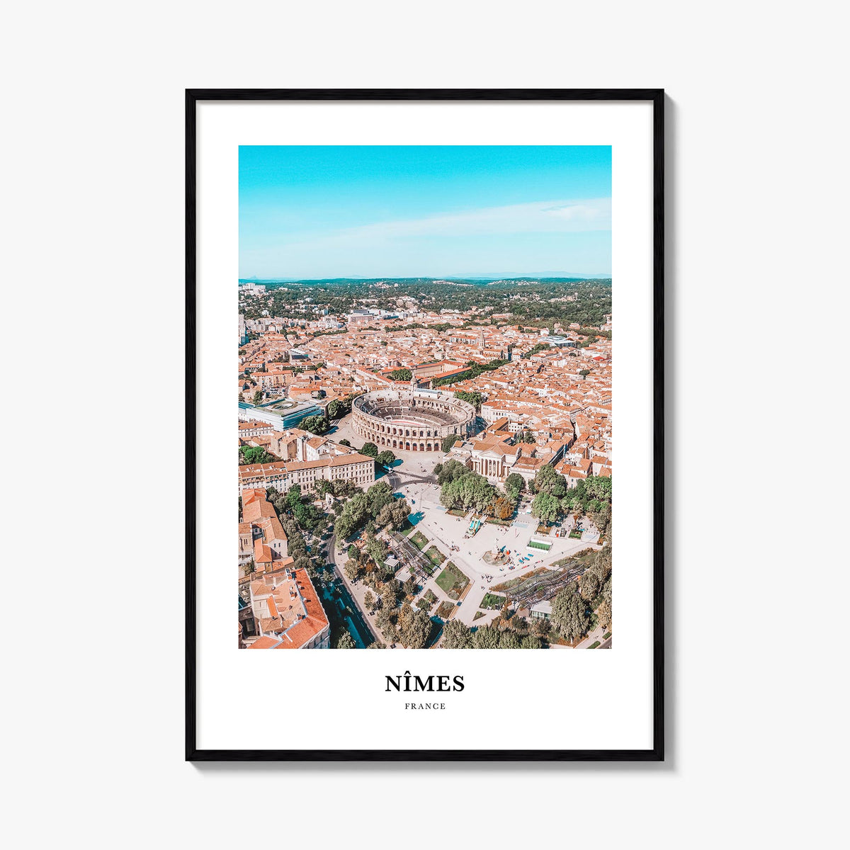 Nîmes colorful classic poster of France – vertical wall art, unframed print shown in interior mockup