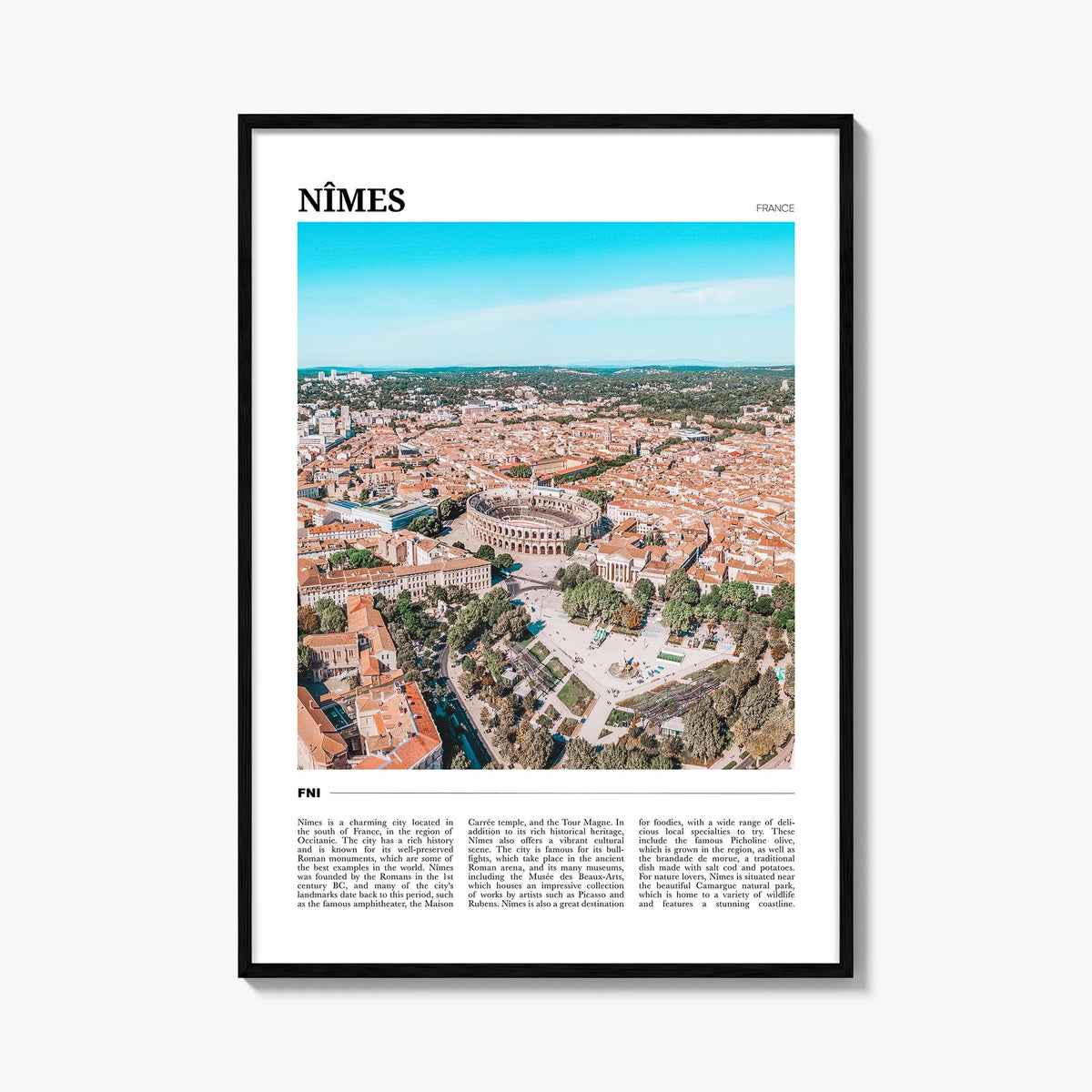 Nîmes colorful travel poster of France – vertical wall art, unframed print shown in interior mockup