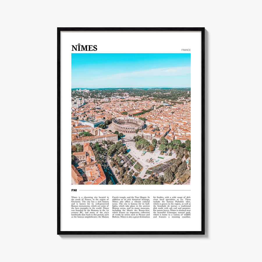 Nîmes colorful travel poster of France – vertical wall art, unframed print shown in interior mockup