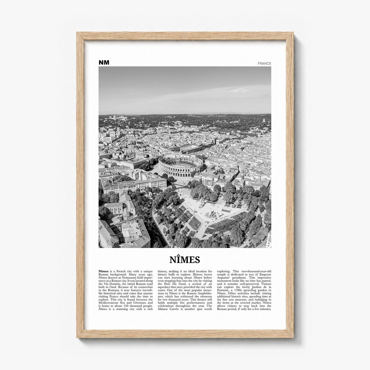 Nîmes Newspaper Poster in a natural wood frame