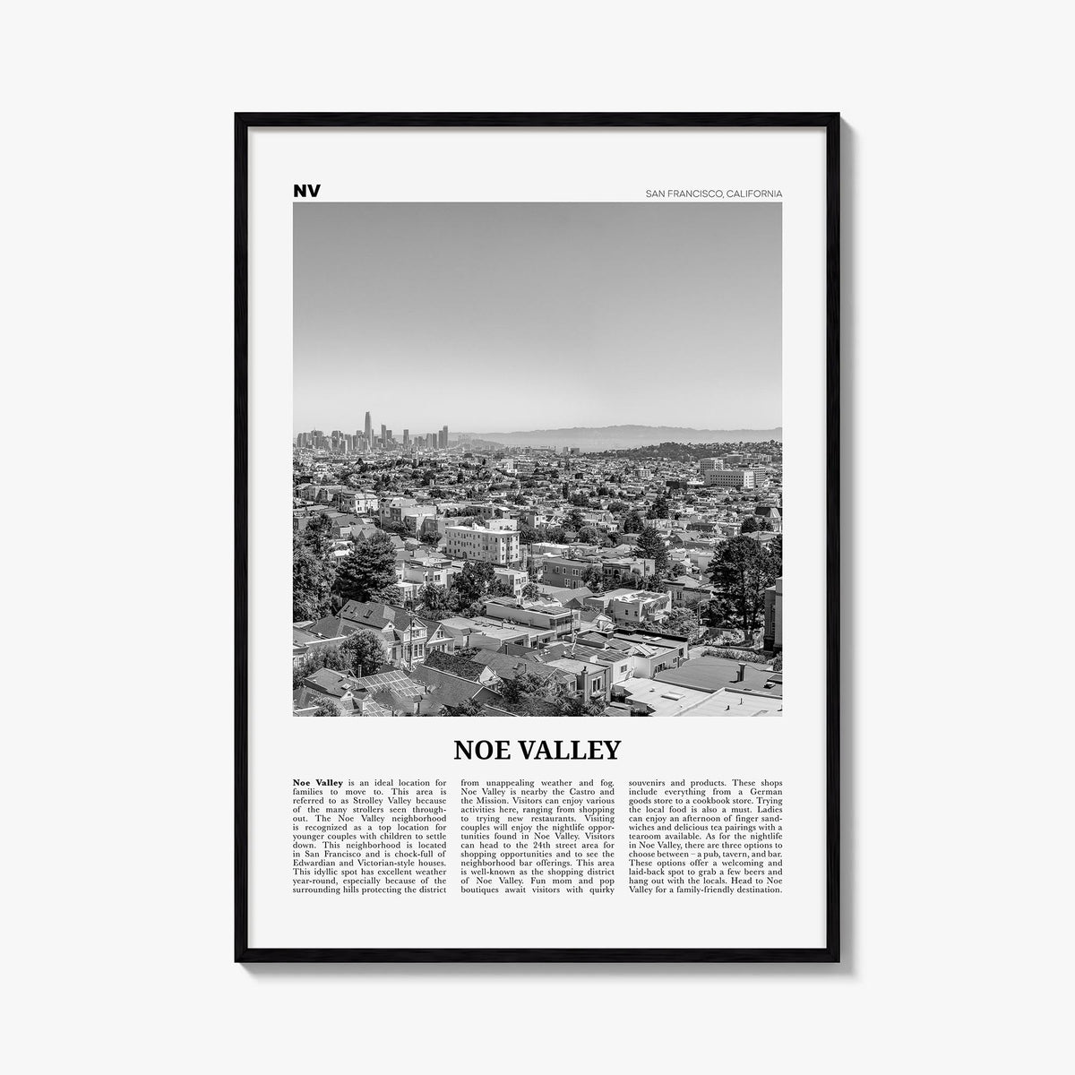 Noe Valley black & white newspaper poster of California, USA – vertical wall art, unframed print shown in interior mockup