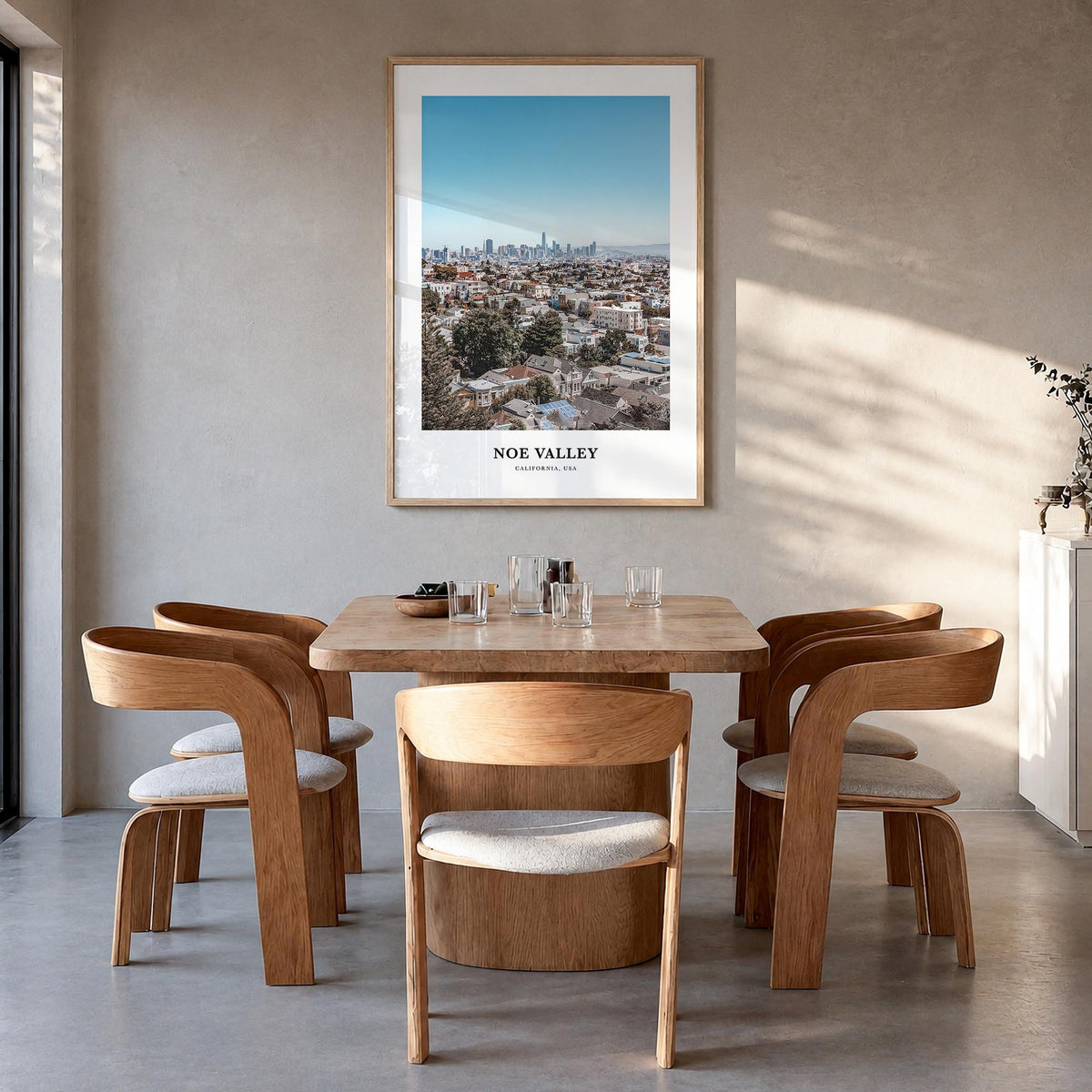 Noe Valley colorful classic poster of California, USA – vertical wall art in natural wood frame, hanging on wall