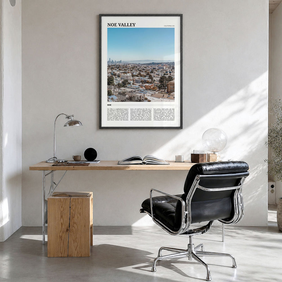 Noe Valley Travel Poster in a black wood frame, hanging in a bright home office