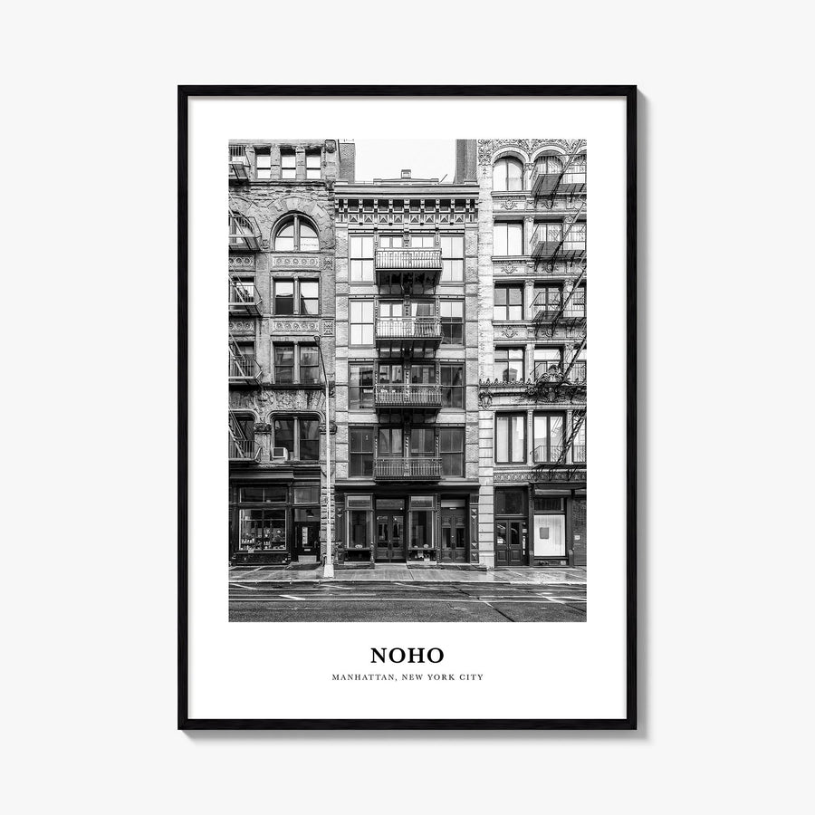 NoHo black & white classic poster of Manhattan, New York City – vertical wall art, unframed print shown in interior mockup