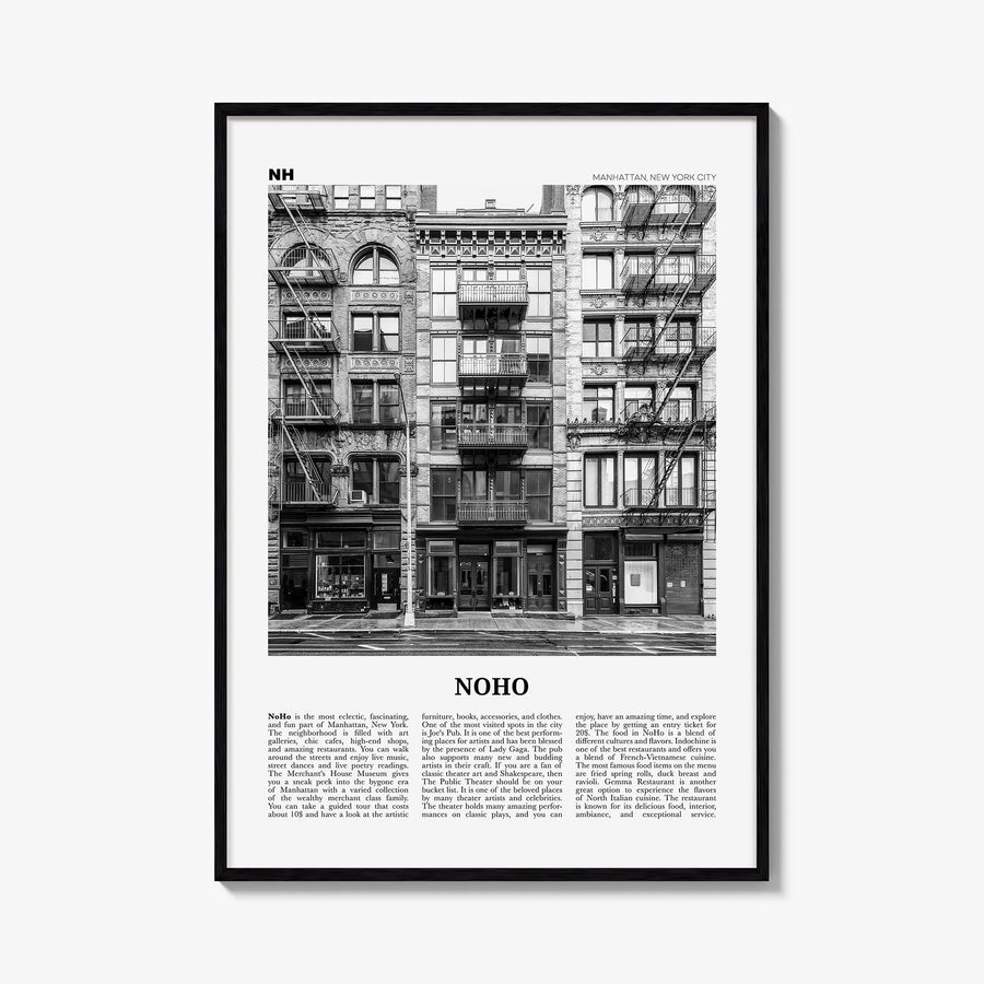 NoHo black & white newspaper poster of Manhattan, New York City – vertical wall art, unframed print shown in interior mockup