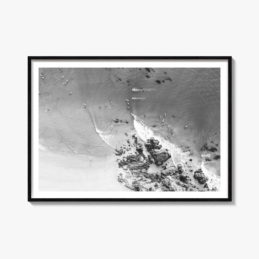 Noosa Heads black & white photo poster of Queensland, Australia – horizontal wall art, unframed print shown in interior mocku