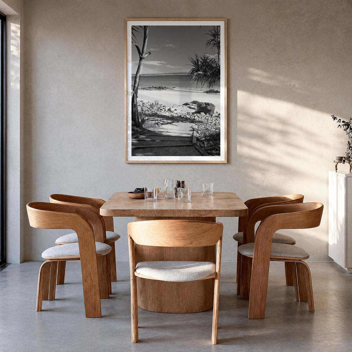 Noosa Heads black & white photo poster of Queensland, Australia – vertical wall art in natural wood frame with white border, 