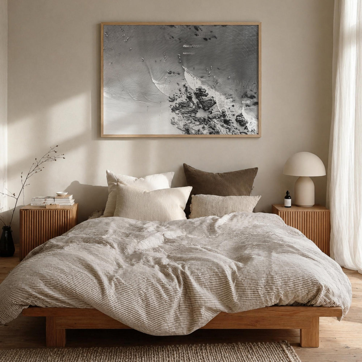Noosa Heads black & white photo poster of Queensland, Australia – horizontal wall art in natural wood frame, hanging on wall