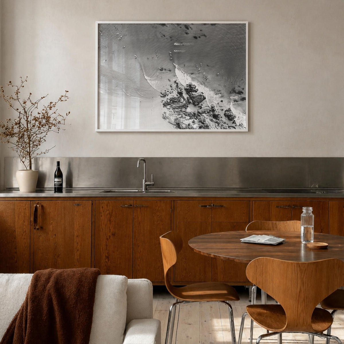 Noosa Heads black & white photo poster of Queensland, Australia – horizontal wall art in white wood frame, hanging on wall
