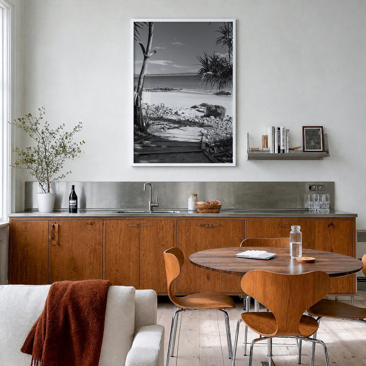 Noosa Heads black & white photo poster of Queensland, Australia – vertical wall art in white wood frame, hanging on wall