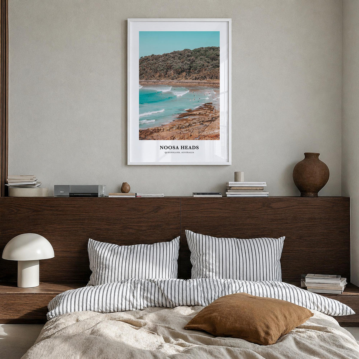 Noosa Heads colorful classic poster of Queensland, Australia – vertical wall art in white wood frame, hanging on wall