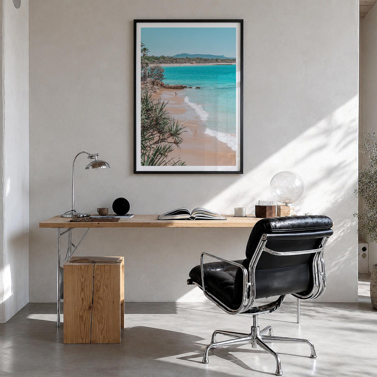 Noosa Heads colorful photo poster of Queensland, Australia – vertical wall art in black wood frame with white border, hanging