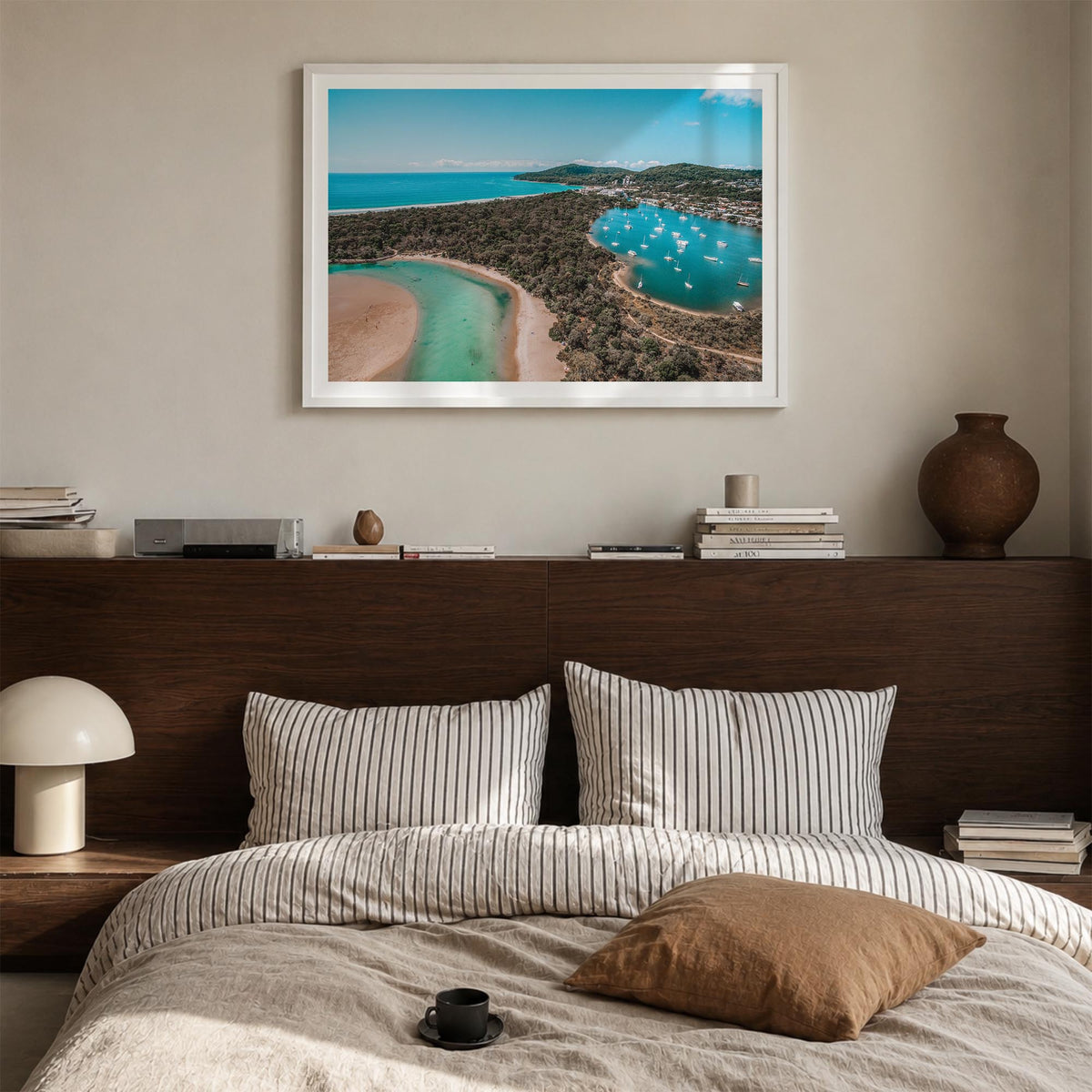 Noosa Heads colorful photo poster of Queensland, Australia – horizontal wall art in white wood frame with white border, hangi