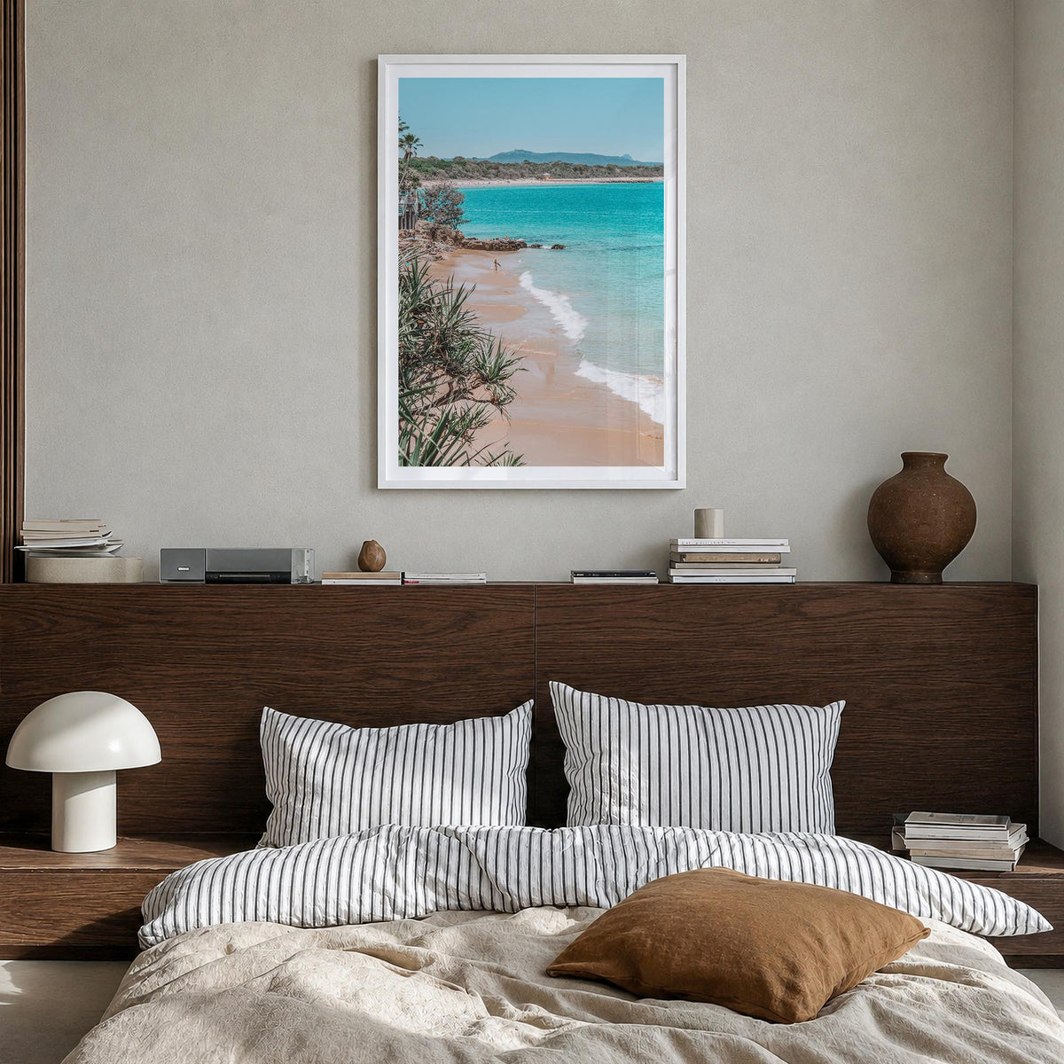Noosa Heads colorful photo poster of Queensland, Australia – vertical wall art in white wood frame with white border, hanging
