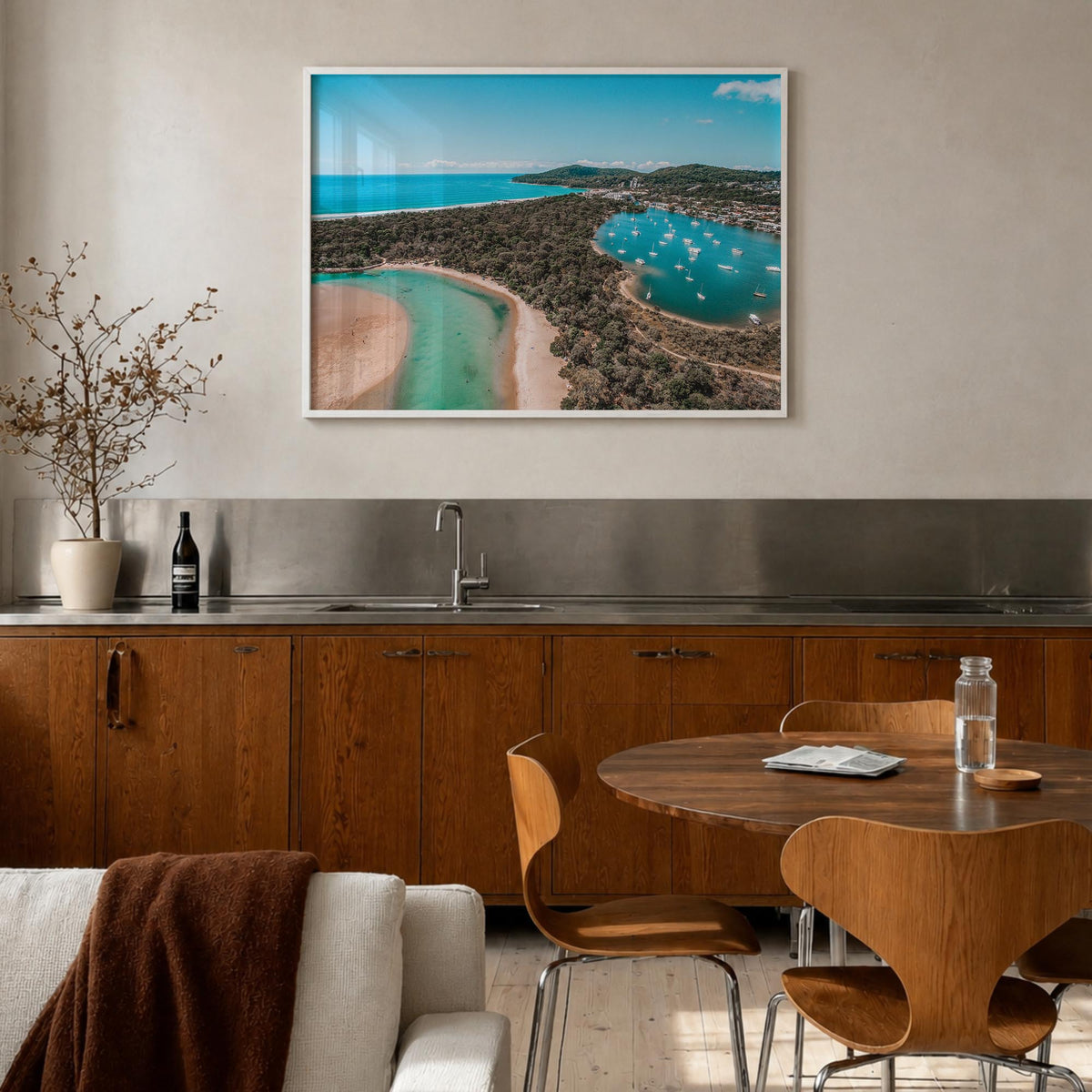 Noosa Heads colorful photo poster of Queensland, Australia – horizontal wall art in white wood frame, hanging on wall