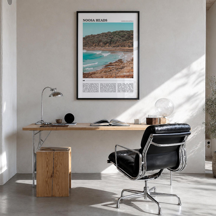 Noosa Heads colorful travel poster of Queensland, Australia – vertical wall art in black wood frame, hanging on wall