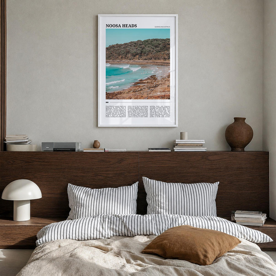 Noosa Heads colorful travel poster of Queensland, Australia – vertical wall art in white wood frame, hanging on wall
