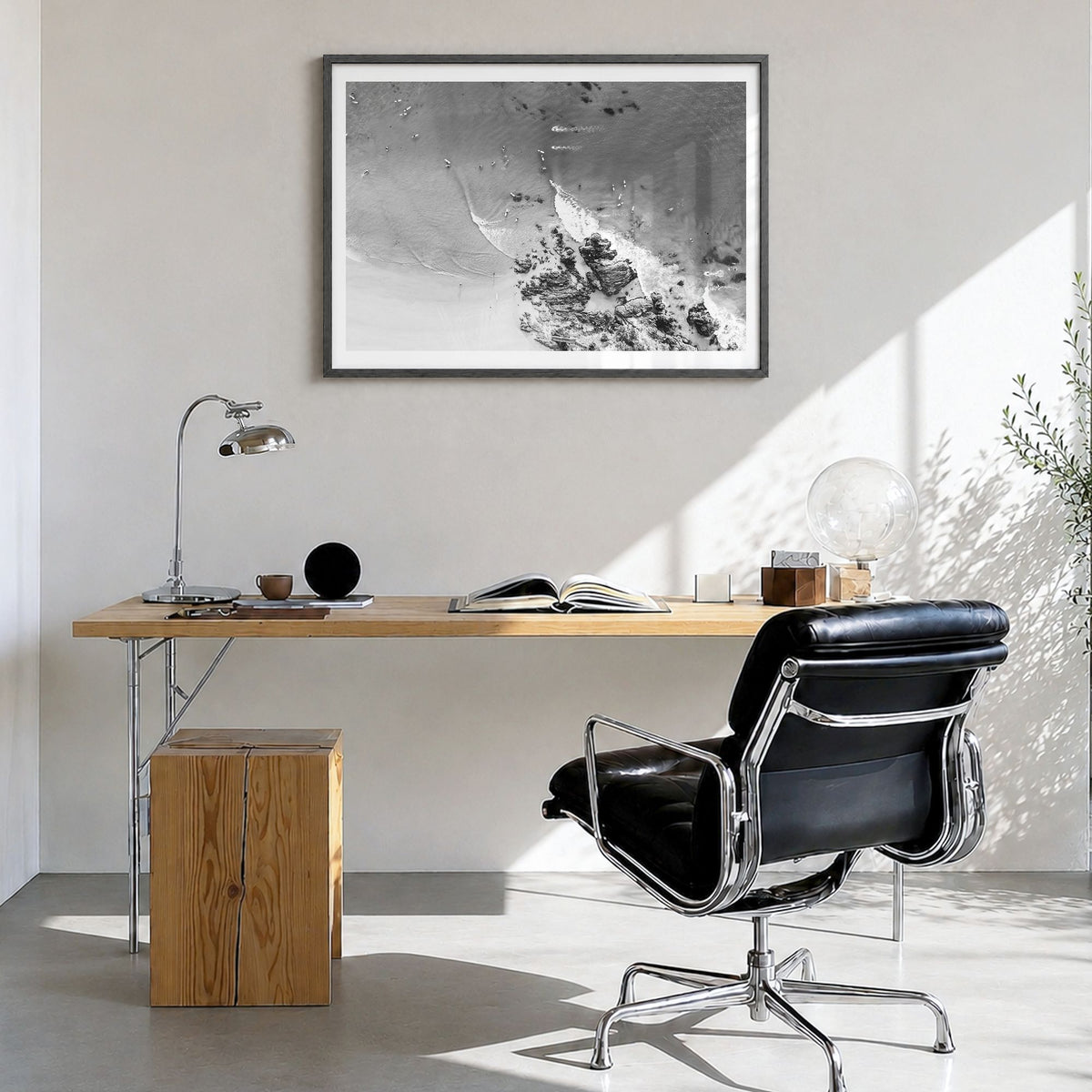 Noosa Heads Photo Poster in a black wood frame, hanging in a bright home office, white border