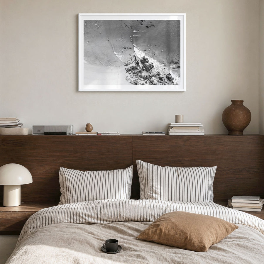 Noosa Heads Photo Poster in a white wood frame, hanging in a bedroom, white border