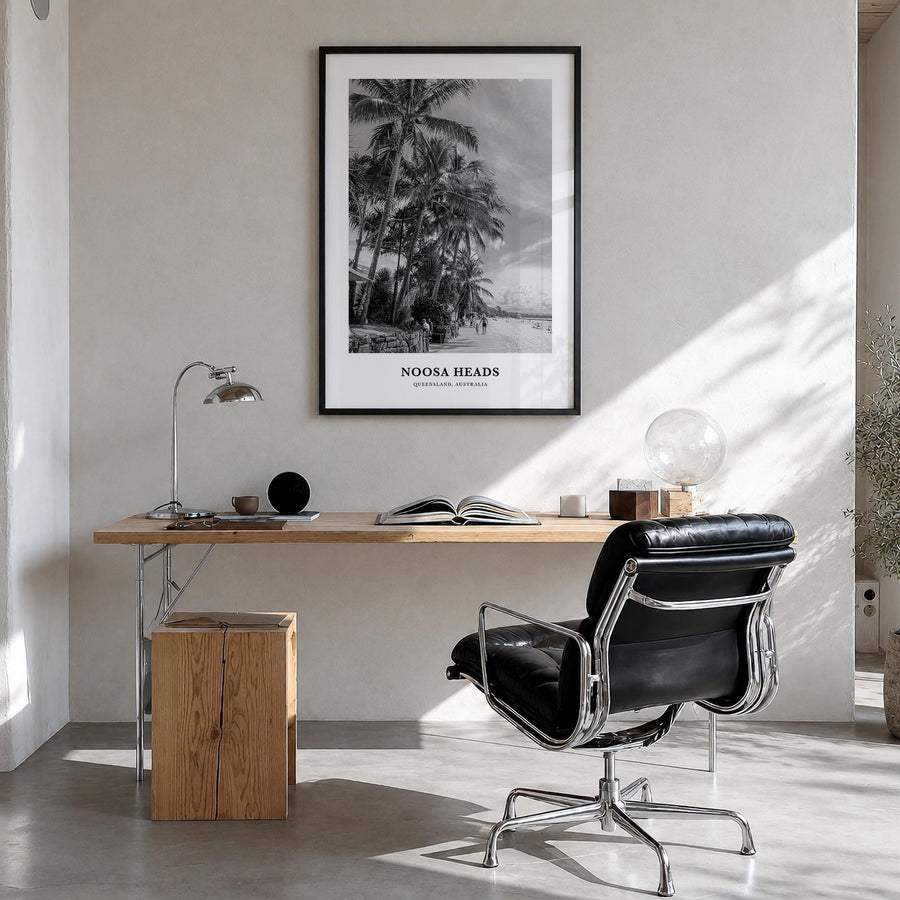 Noosa Heads no. 1 black & white classic poster of Queensland, Australia – vertical wall art in black wood frame, hanging on w