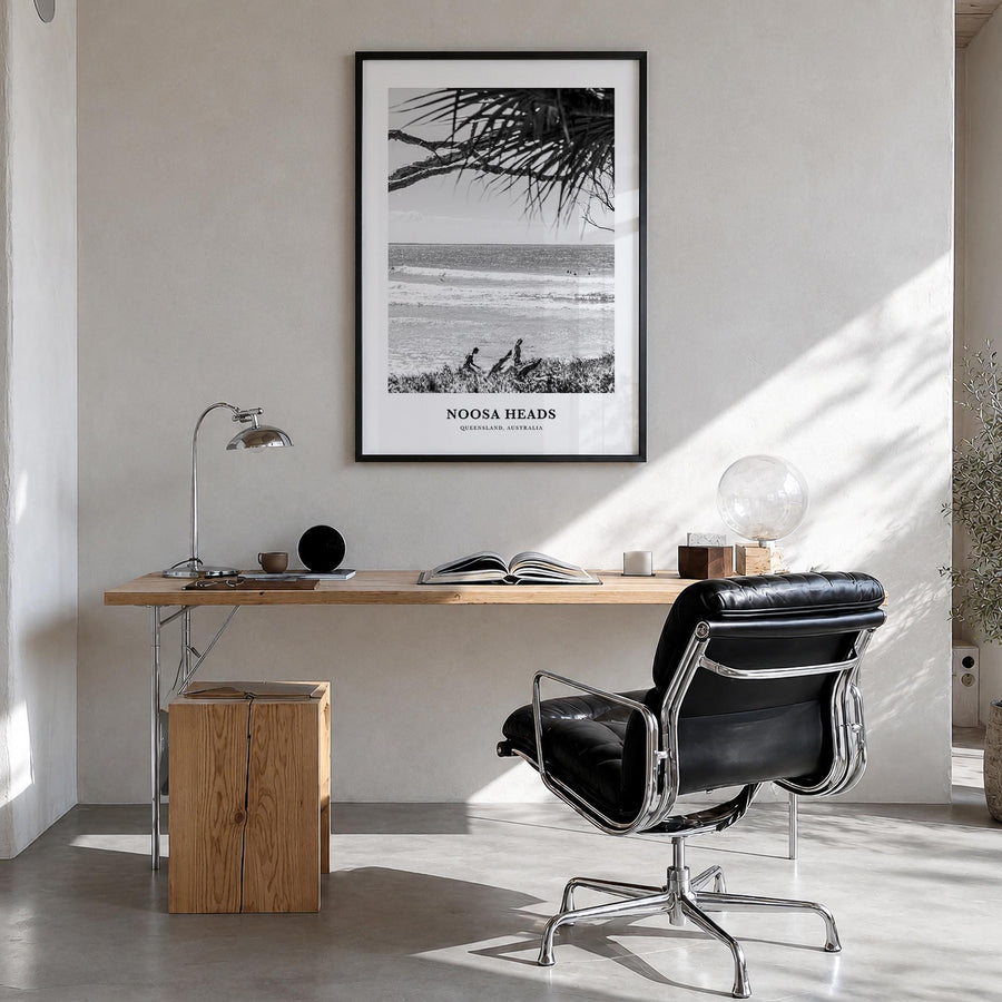 Noosa Heads no. 2 black & white classic poster of Queensland, Australia – vertical wall art in black wood frame, hanging on w