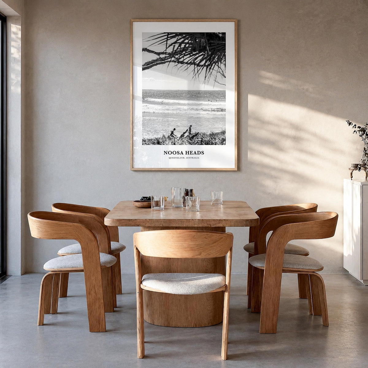 Noosa Heads no. 2 black & white classic poster of Queensland, Australia – vertical wall art in natural wood frame, hanging on