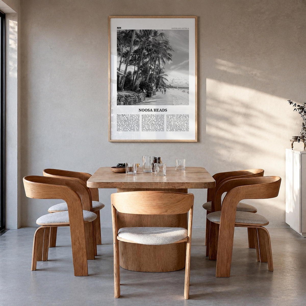 Noosa Heads no. 2 black & white newspaper poster of Queensland, Australia – vertical wall art in natural wood frame, hanging 
