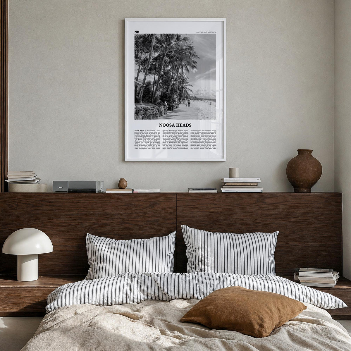 Noosa Heads no. 2 black & white newspaper poster of Queensland, Australia – vertical wall art in white wood frame, hanging on