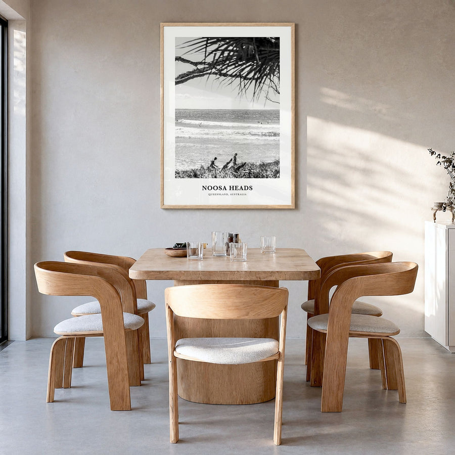 Noosa Heads Classic No 2 Poster in a natural wood frame, hanging in a dining room