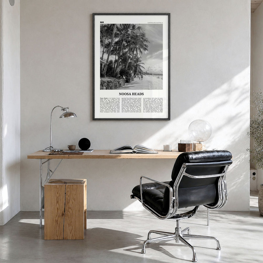 Noosa Heads Newspaper No 2 Poster in a black wood frame, hanging in a bright home office