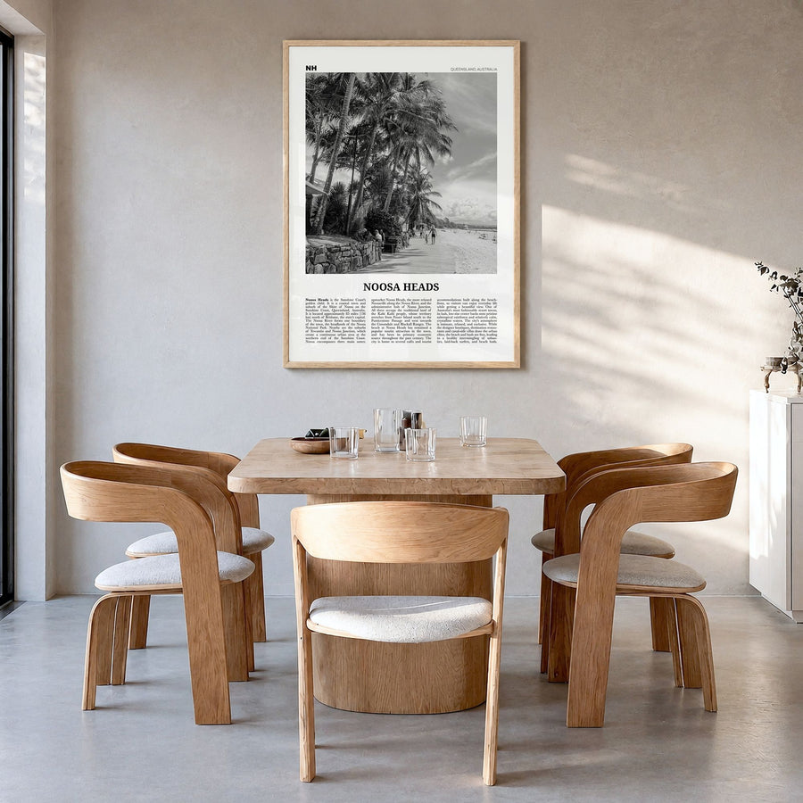 Noosa Heads Newspaper No 2 Poster in a natural wood frame, hanging in a dining room