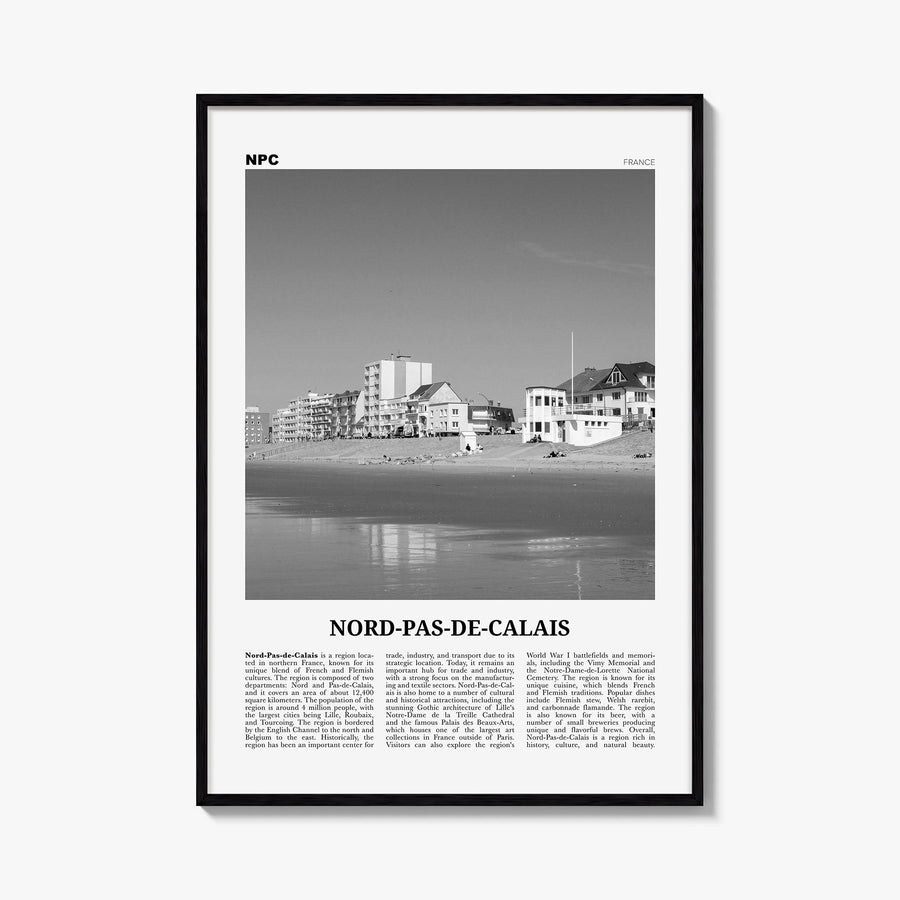 Nord-Pas-de-Calais black & white newspaper poster of France – vertical wall art, unframed print shown in interior mockup