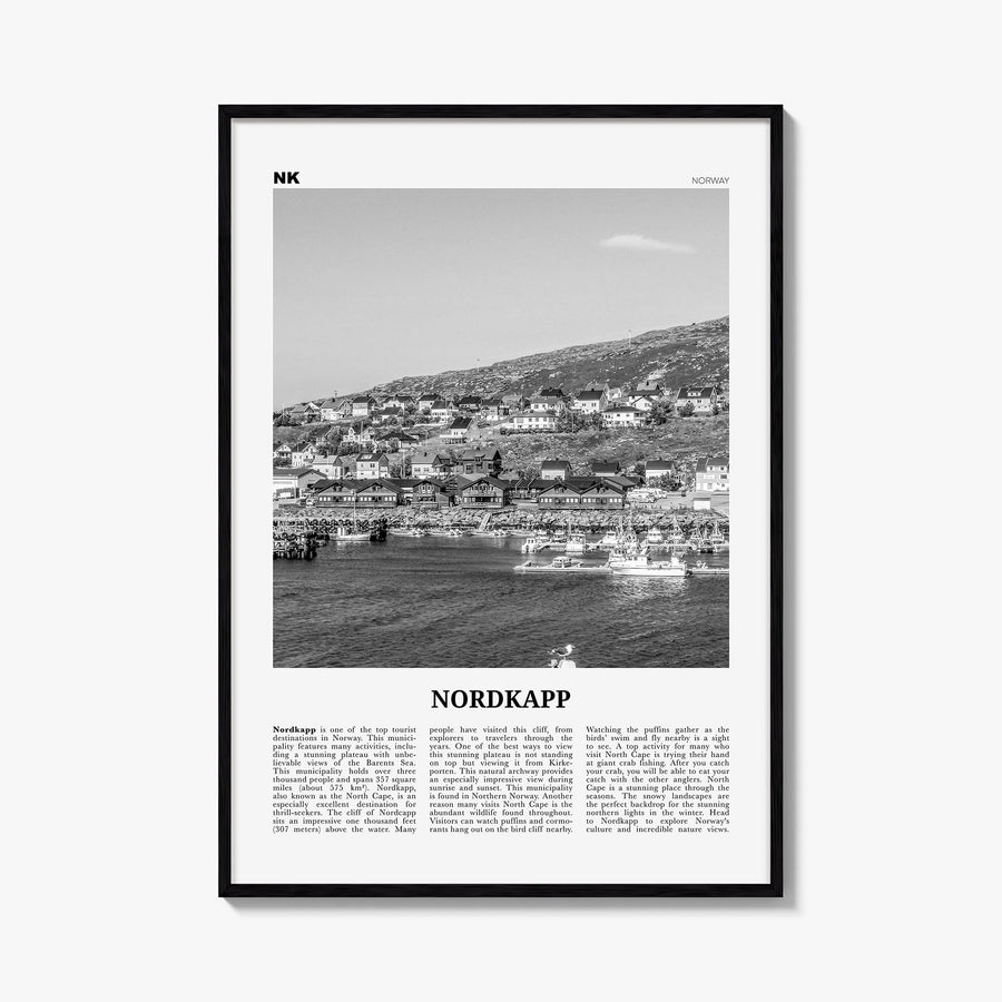 Nordkapp black & white newspaper poster of Norway – vertical wall art, unframed print shown in interior mockup