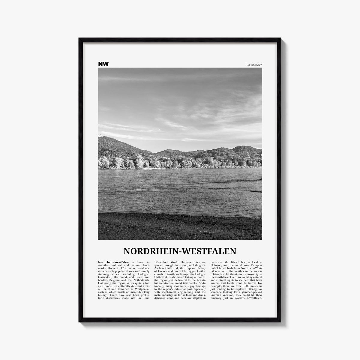 Nordrhein-Westfalen black & white newspaper poster of Germany – vertical wall art, unframed print shown in interior mockup
