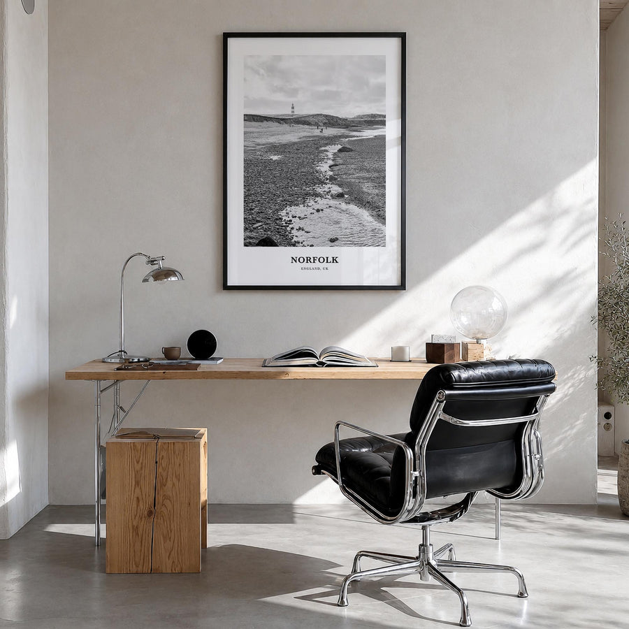 Norfolk, England black & white classic poster of United Kingdom – vertical wall art in black wood frame, hanging on wall