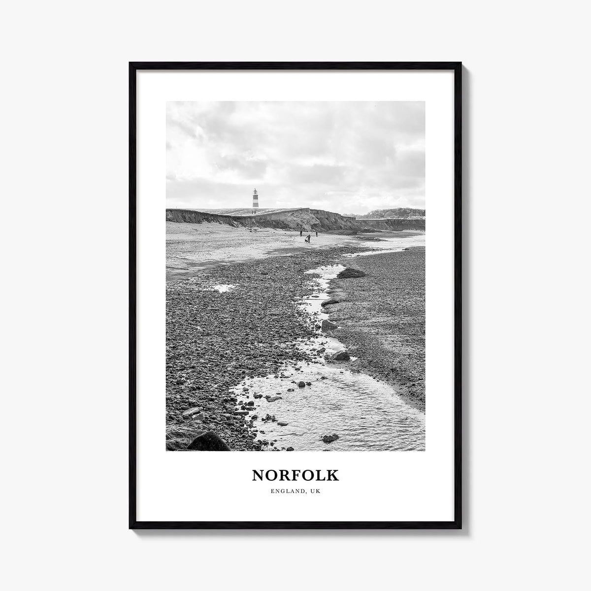 Norfolk, England black & white classic poster of United Kingdom – vertical wall art, unframed print shown in interior mockup