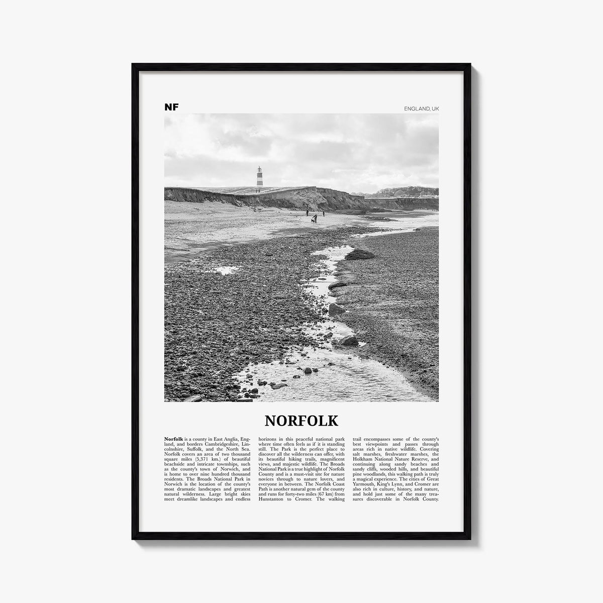 Norfolk, England black & white newspaper poster of United Kingdom – vertical wall art, unframed print shown in interior mocku