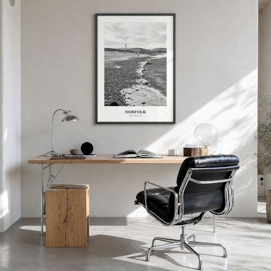 Norfolk, England Classic Poster in a black wood frame, hanging in a bright home office