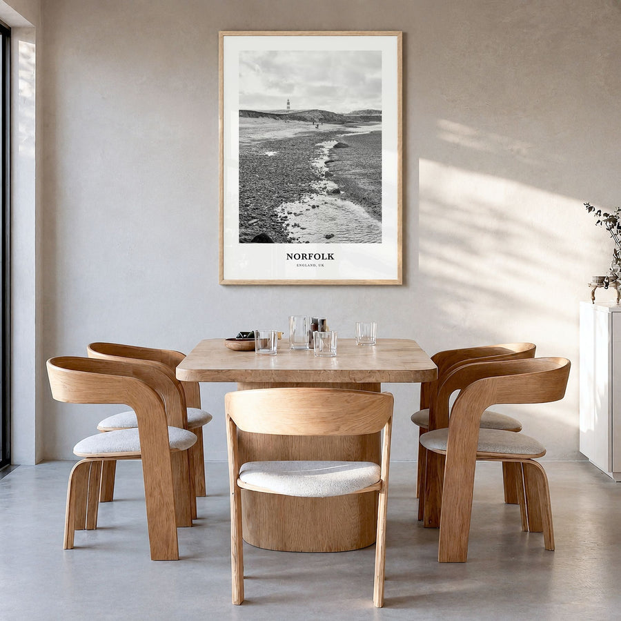 Norfolk, England Classic Poster in a natural wood frame, hanging in a dining room