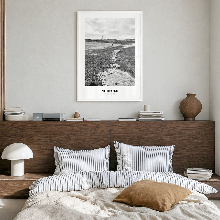 Norfolk, England Classic Poster in a white wood frame, hanging in a bedroom