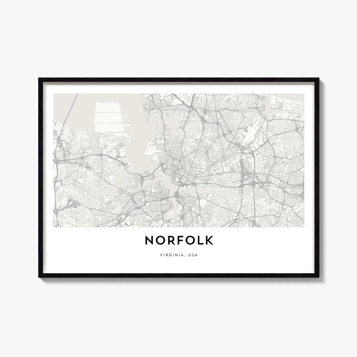 Norfolk, Virginia black & white map poster of Virginia, USA – horizontal wall art, unframed print shown in interior mockup