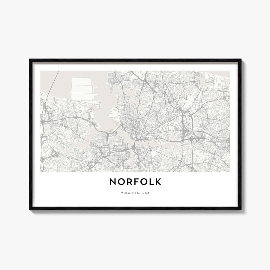 Norfolk, Virginia black & white map poster of Virginia, USA – horizontal wall art, unframed print shown in interior mockup