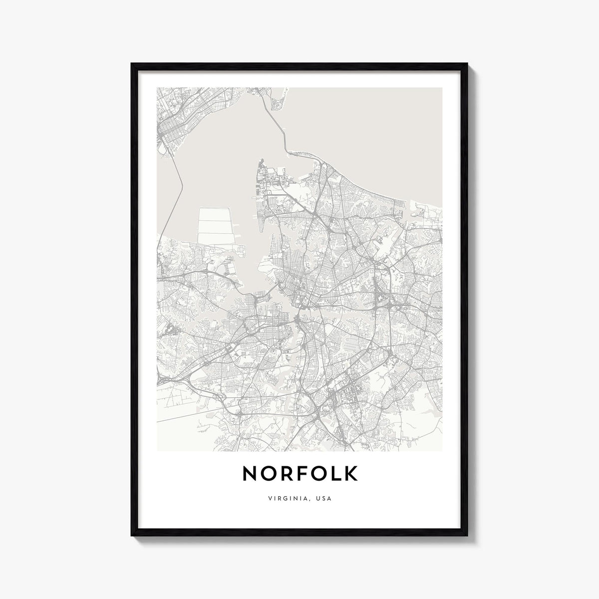 Norfolk, Virginia black & white map poster of Virginia, USA – vertical wall art, unframed print shown in interior mockup